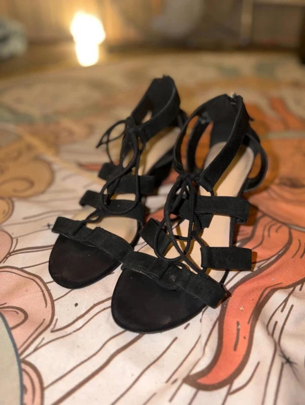 Black Suede Laced Strappy Gladiator Nine West Block Heel Sandals